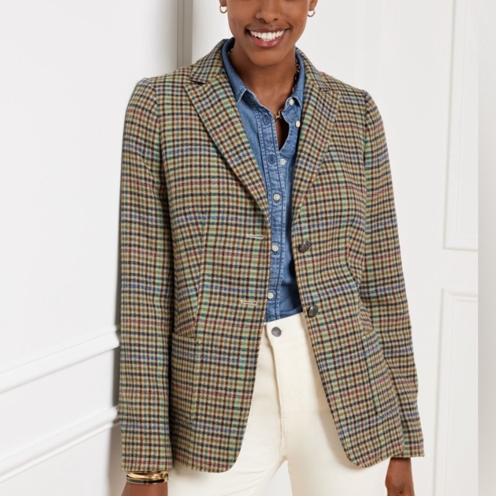 Talbots Classic Shetland Wool Blend Blazer Lively Plaid 2 2P Petite